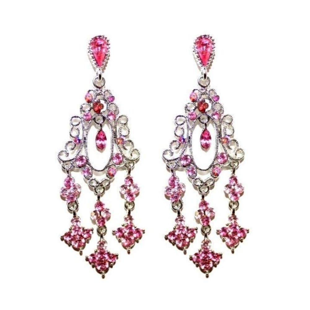 Womens 2 3/4" Silver Tone Pink Crystal Chandelier Post Style Earrings